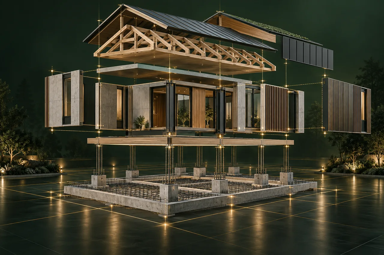 Illustration of the build sequence: foundation, structure and building envelope