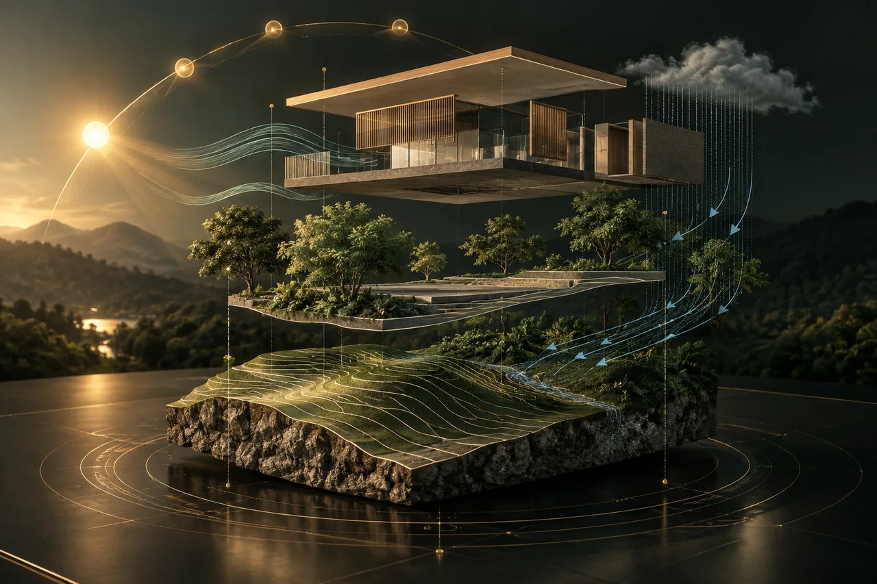 Illustration of site context analysis: sun, wind, rain and land before home design