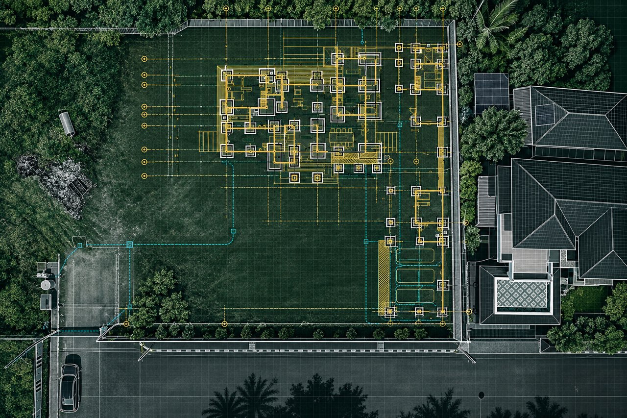 Aerial site view coordinated with the architectural drawing
